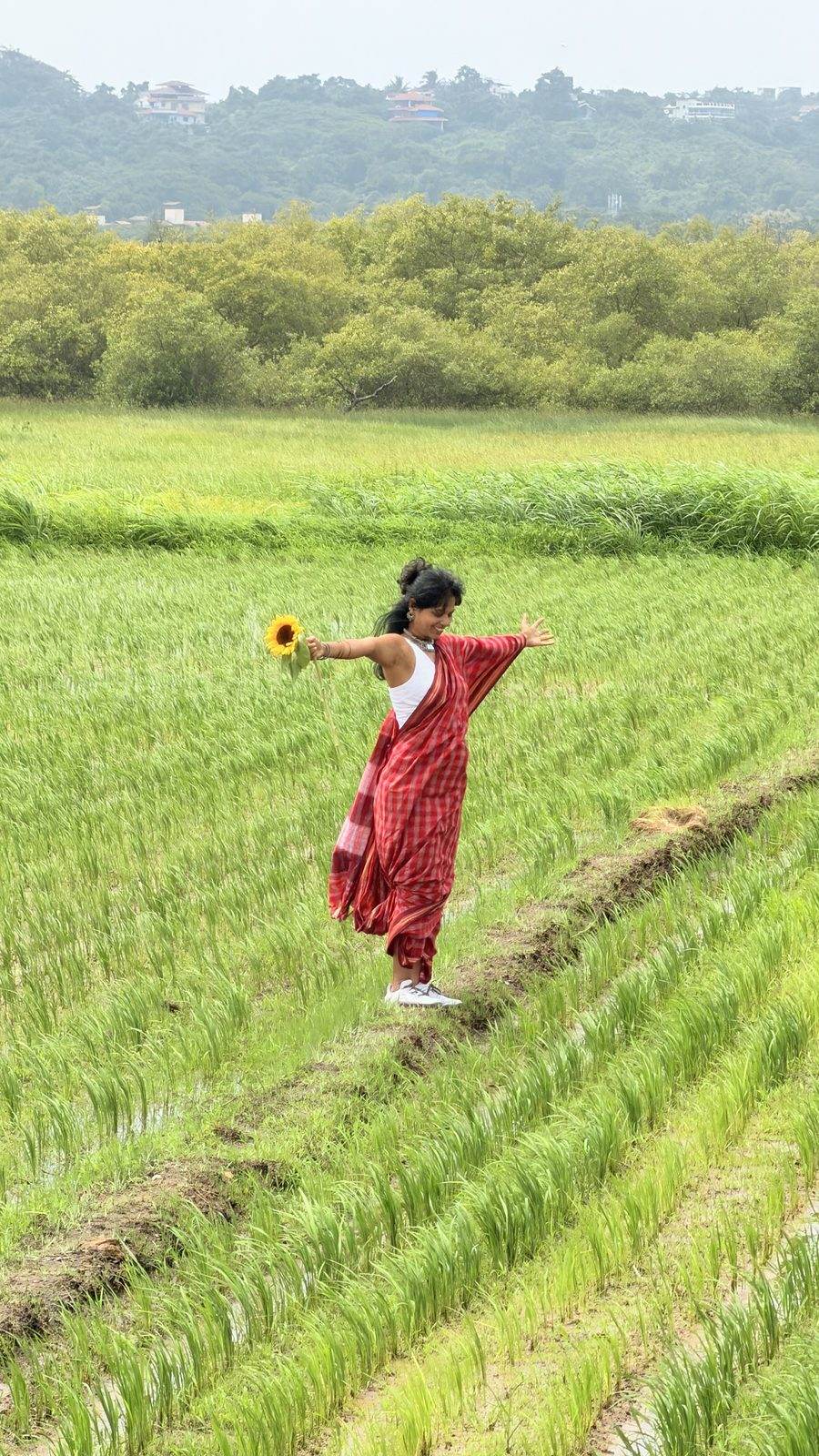 Sudipta in a Goa paddy field, holding a sunflower