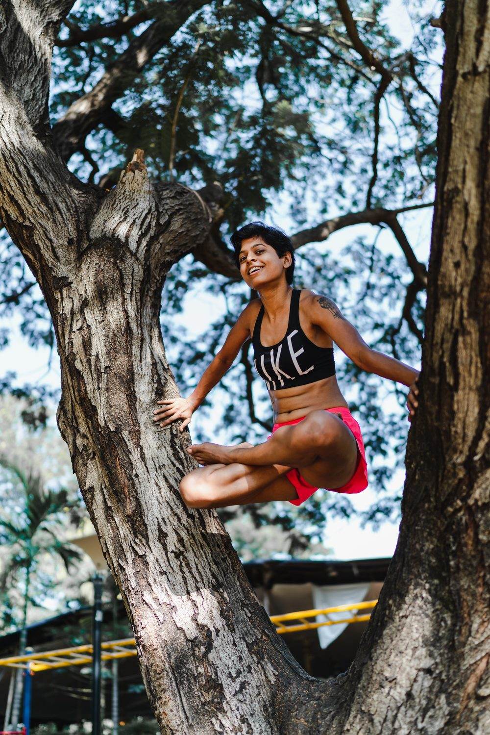 Playful movement in a tree, Sudipta smiling